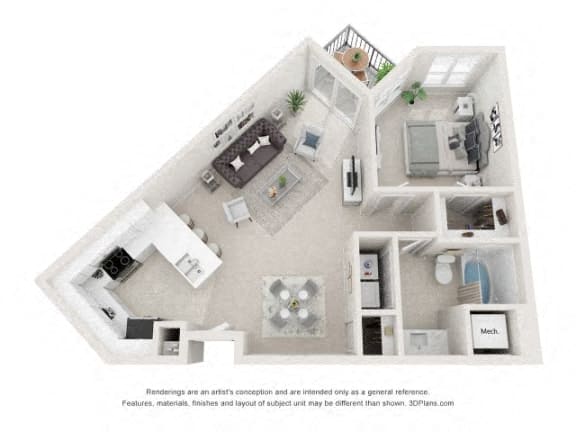 Floor plan for 1 bed, 1 bath, 791 sqft